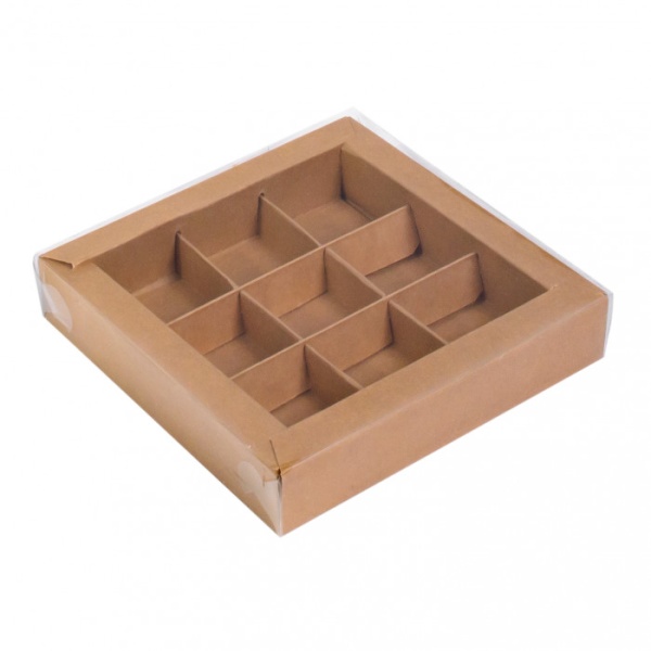 Упаковка для 9 конфет с прозрачной крышкой Крафт