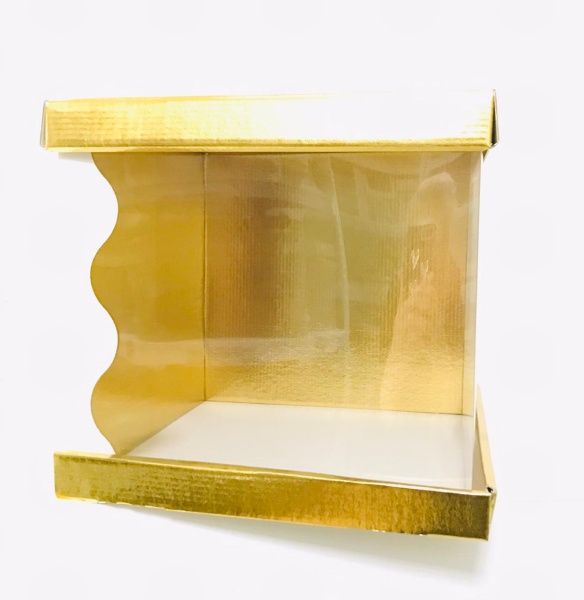 Коробка для торта прозрачная золото-белая 26х26х24 см