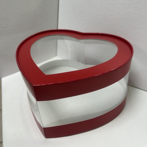 Коробка Сердце с прозрачными стенками и окном Красная 21,5х18 высота 10 см