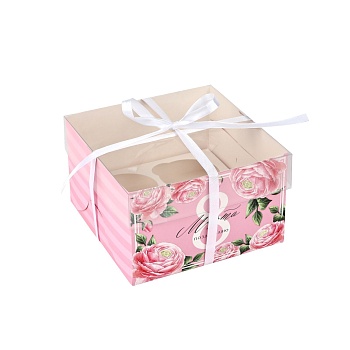 Коробка для капкейков кондитерская 4 ячейки Поздравляю с 8 марта 16х16х10 см