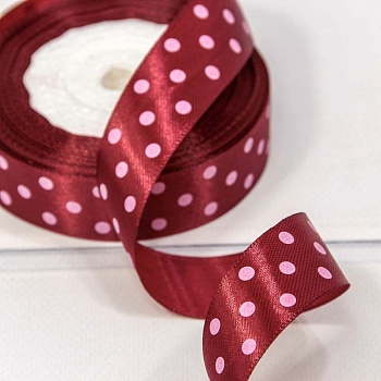 Лента атласная бордовая в горох ширина 2,5 см