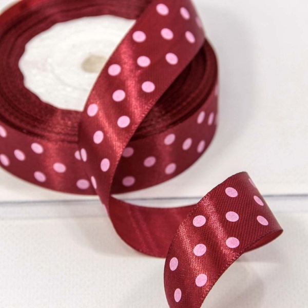Лента атласная бордовая в горох ширина 2,5 см
