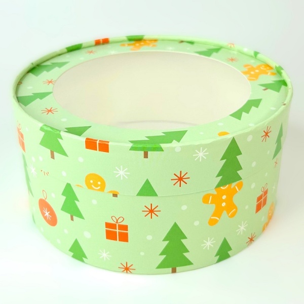 Коробка круглая с окном новогодние пряники d 16 см, высота 7 см