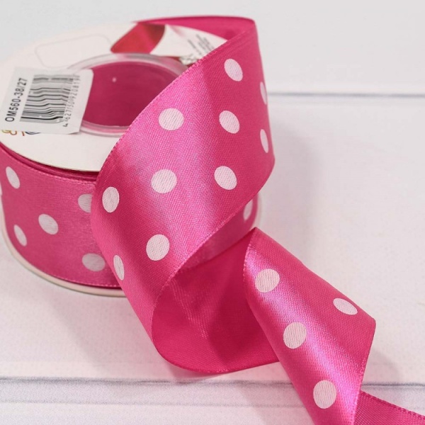 Лента атласная малиновая в горох ширина 2,5 см