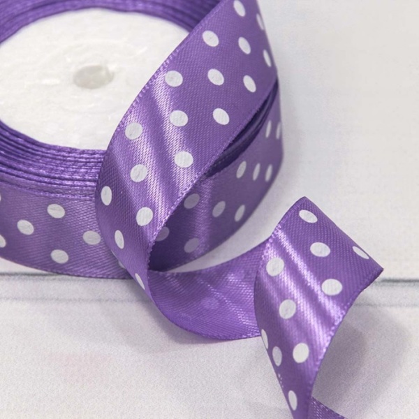 Лента атласная лавандовая в горох ширина 2,5 см