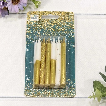 Набор свечей для торта золото/белый блеск 8 см 12 шт