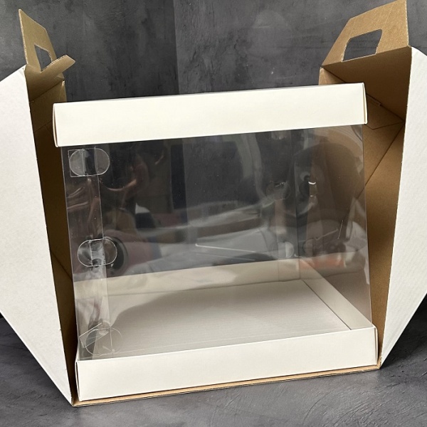 Коробка для торта прозрачная с ручками белая 23,5х23,5х22 см