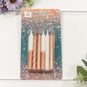 Набор свечей для торта розовое золото/розовый блеск 8 см 12 шт