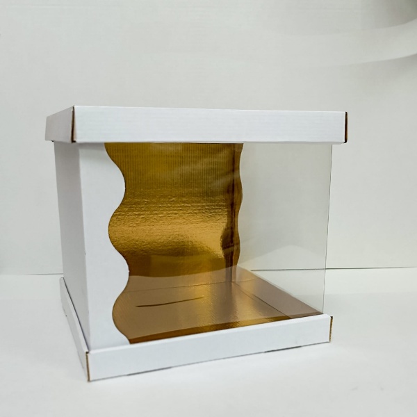 Коробка для торта прозрачная золото-белая 26х26х24 см