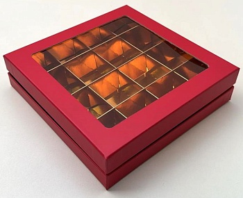 Упаковка для 16 конфет красная с большим окном ЛЮКС