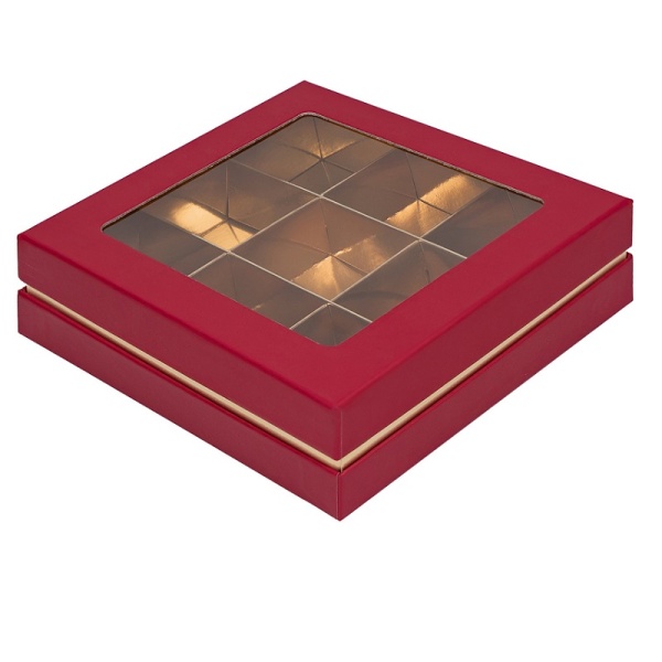 Упаковка для 9 конфет красная с большим окном ЛЮКС