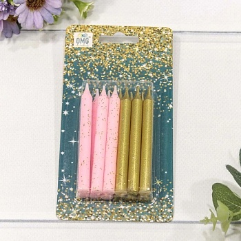 Набор свечей для торта золото/розовый блеск 8 см 12 шт