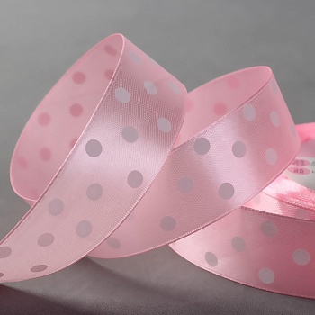 Лента атласная розовая в горох ширина 2,5 см