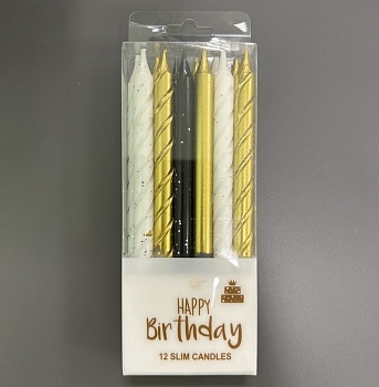 Набор свечей для торта золото/белый/черный блеск 8 см 12 шт