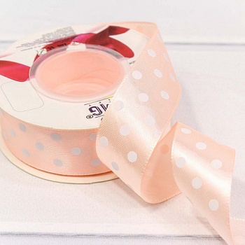 Лента атласная персиковая в горох ширина 2,5 см