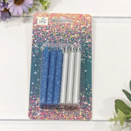 Набор свечей для торта серебро/синий блеск 8 см 12 шт