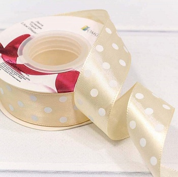 Лента атласная кремовая в горох ширина 2,5 см