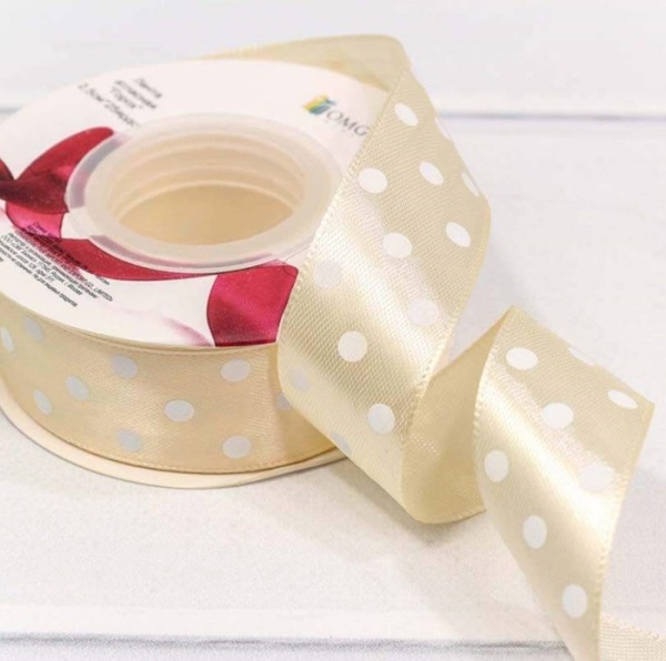 Лента атласная кремовая в горох ширина 2,5 см