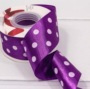 Лента атласная фиолетовая в горох 25 мм длина 27м