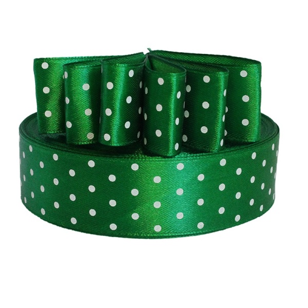 Лента атласная зеленая в горох ширина 2,5 см
