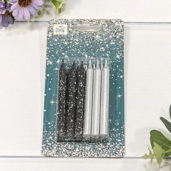 Набор свечей для торта серебро/черный блеск 8 см 12 шт